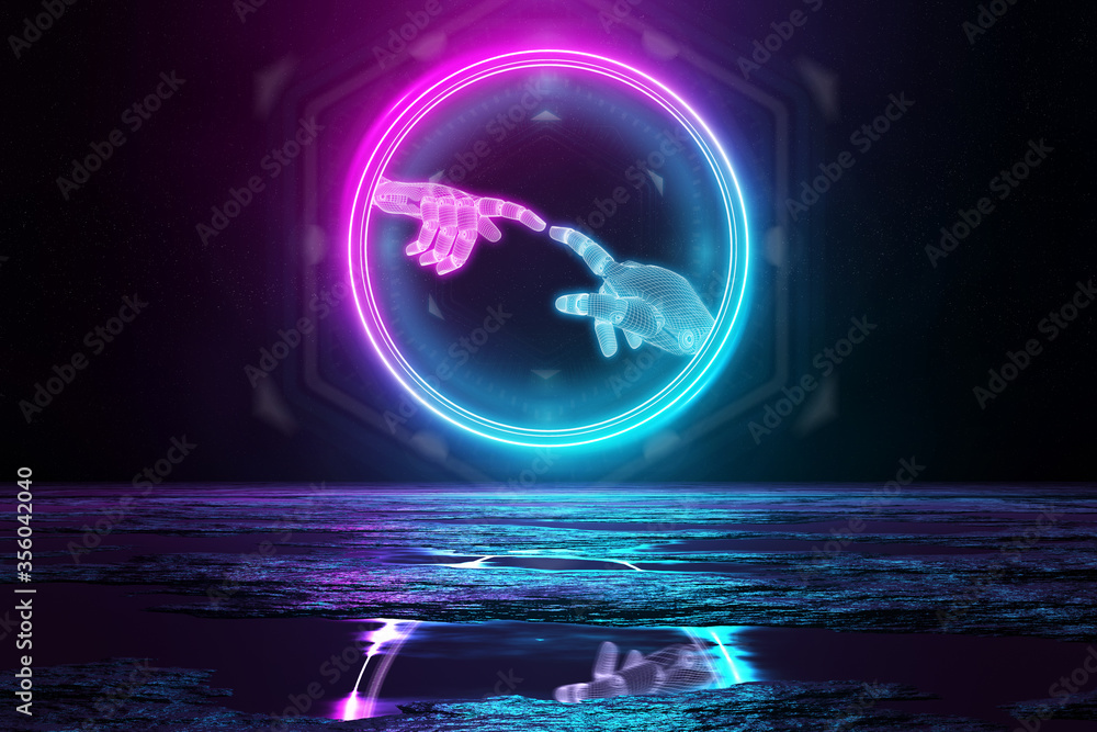 Robot hands illuminating the floor with blue and pink neon light 3D rendering