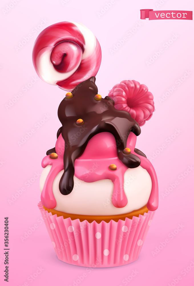 Cupcake raspberry and chocolate. 3d realistic vector object. Food icon