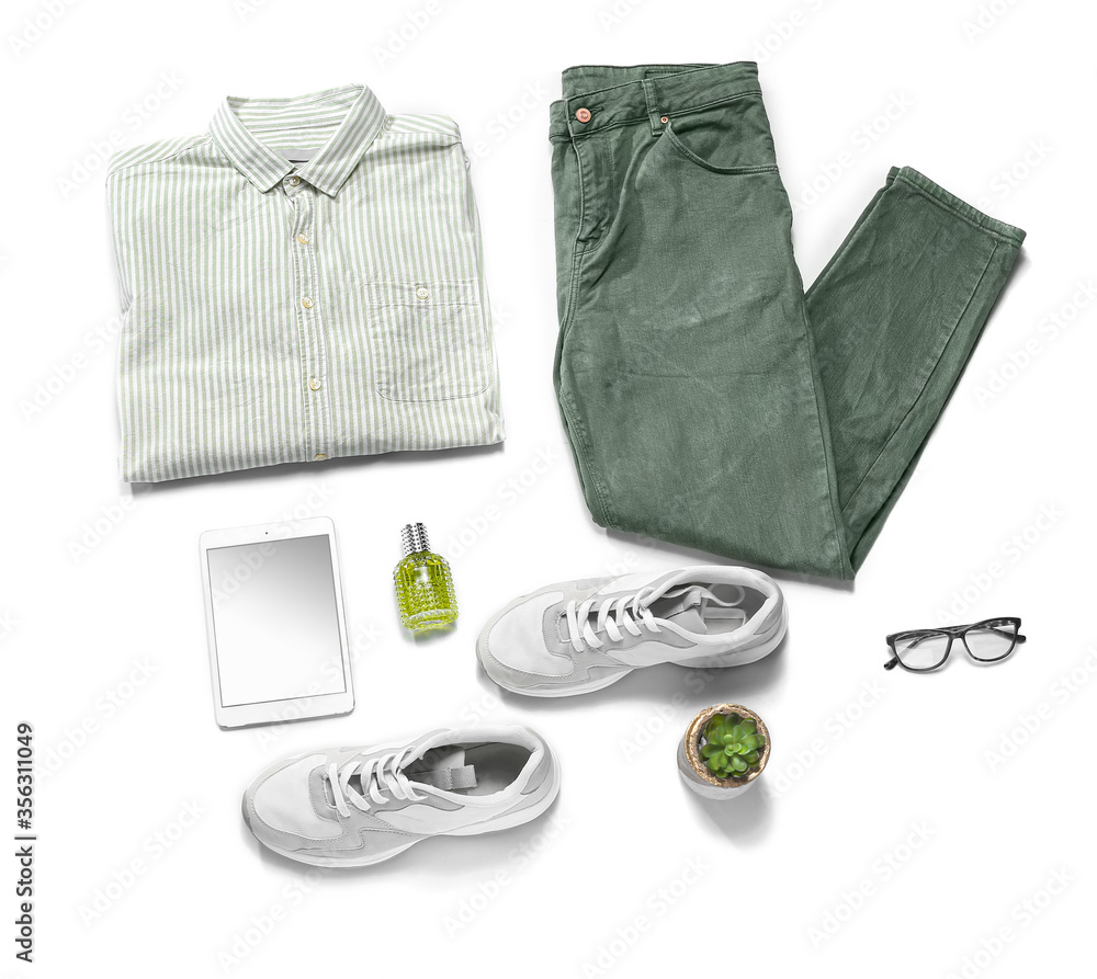 Stylish male clothes and accessories on white background