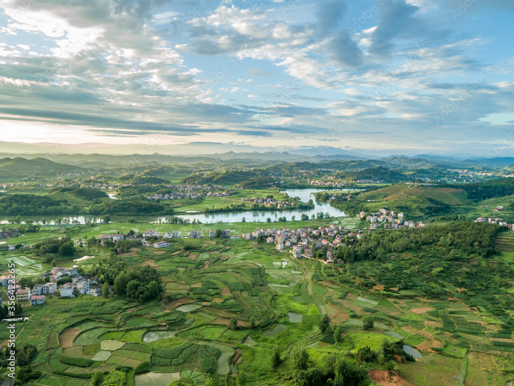 Rural countryside aerial view, green countryside and villages, Hunan, China。