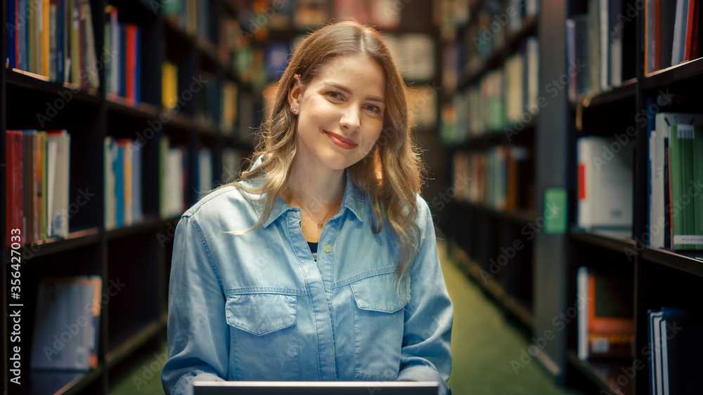 University Library Study: Portrait of Smart Beautiful Caucasian Girl Sitting Cross-Legged On Floor, 