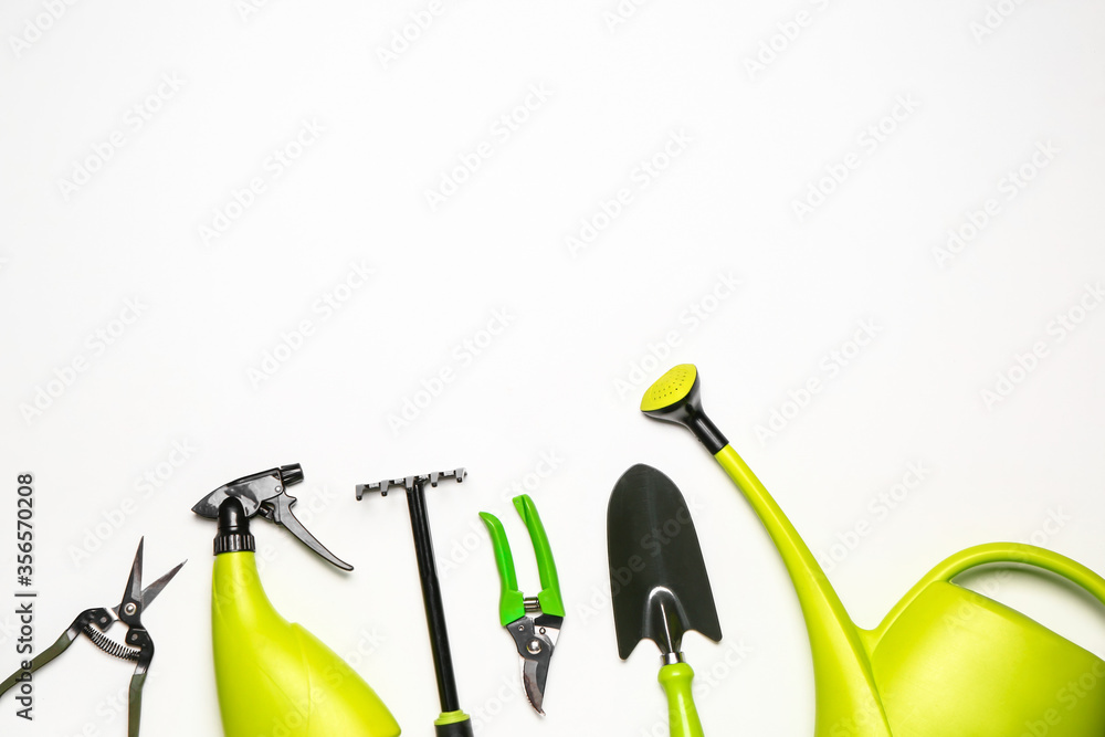 Set of gardening supplies on white background