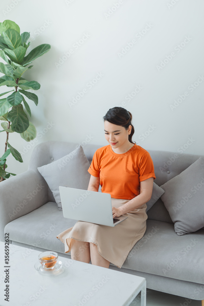 Smiling woman sitting on sofa relaxing while browsing online shopping website.