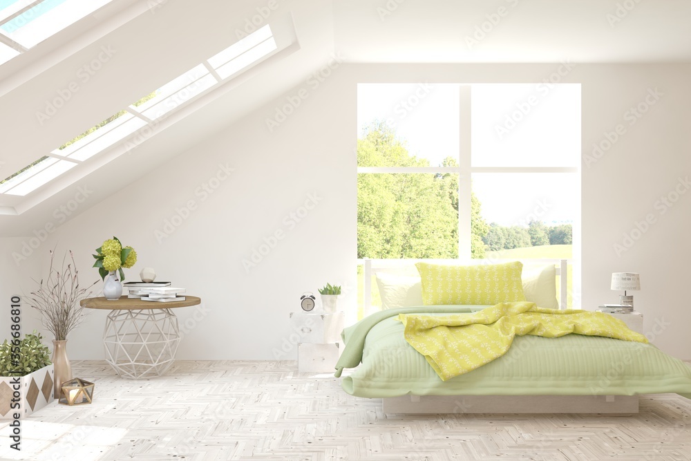 White bedroom interior. Scandinavian design. 3D illustration