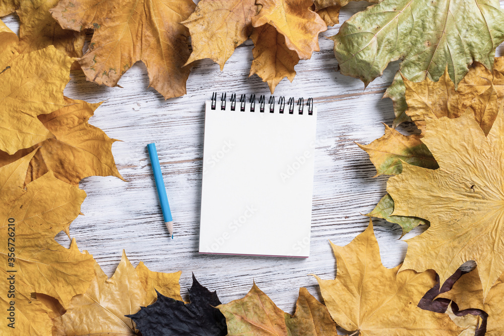 Spiral notepad and pen lies on vintage wooden desk