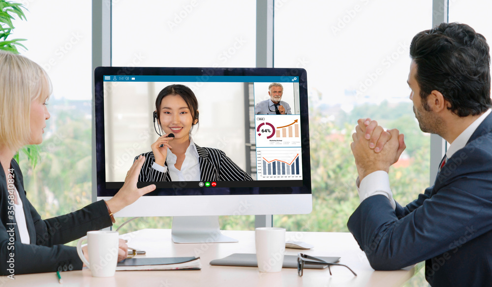 Video call group business people meeting on virtual workplace or remote office. Telework conference 