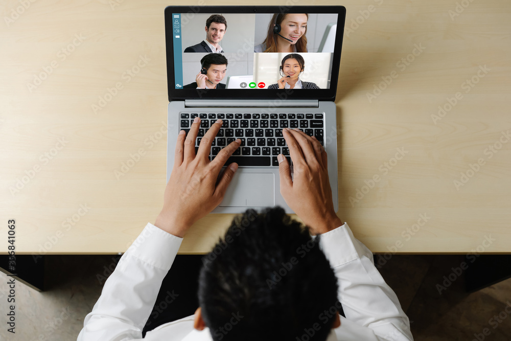 Video call business people meeting on virtual workplace or remote office. Telework conference call u