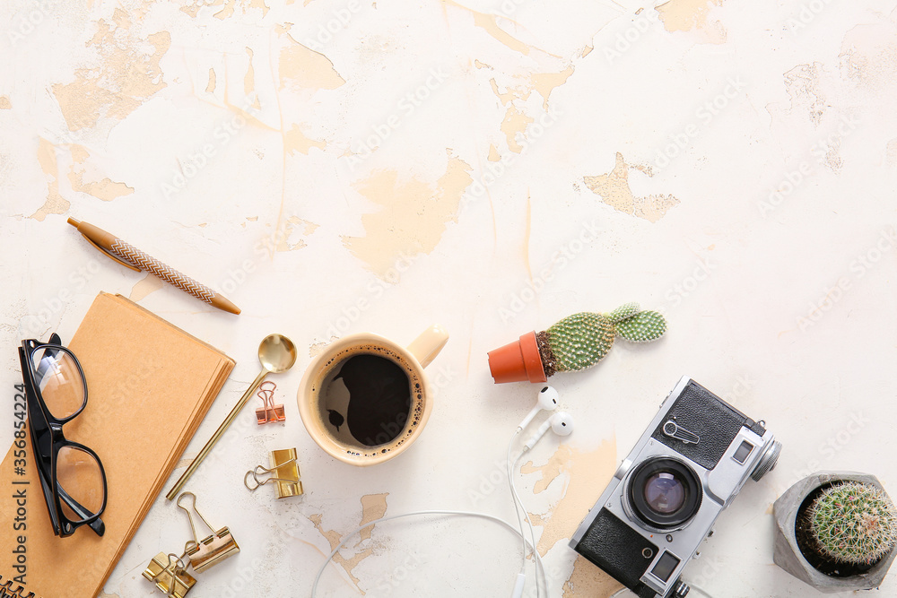 Flat lay composition with cup of coffee on white background