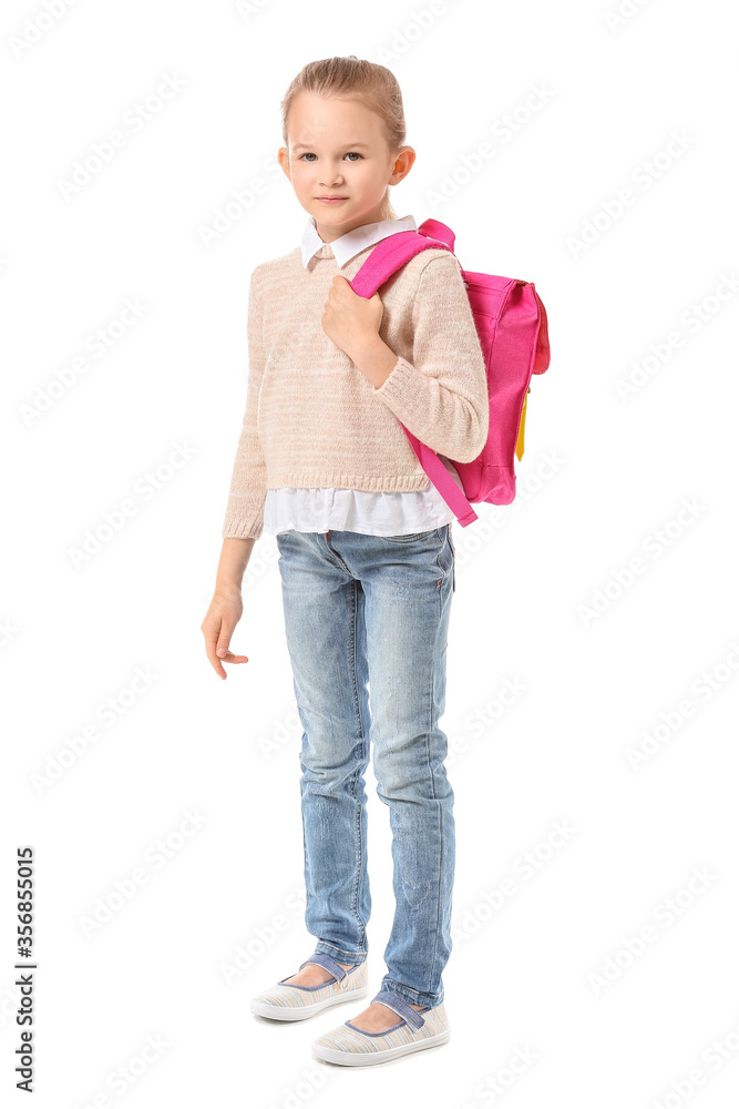 Cute little schoolgirl on white background