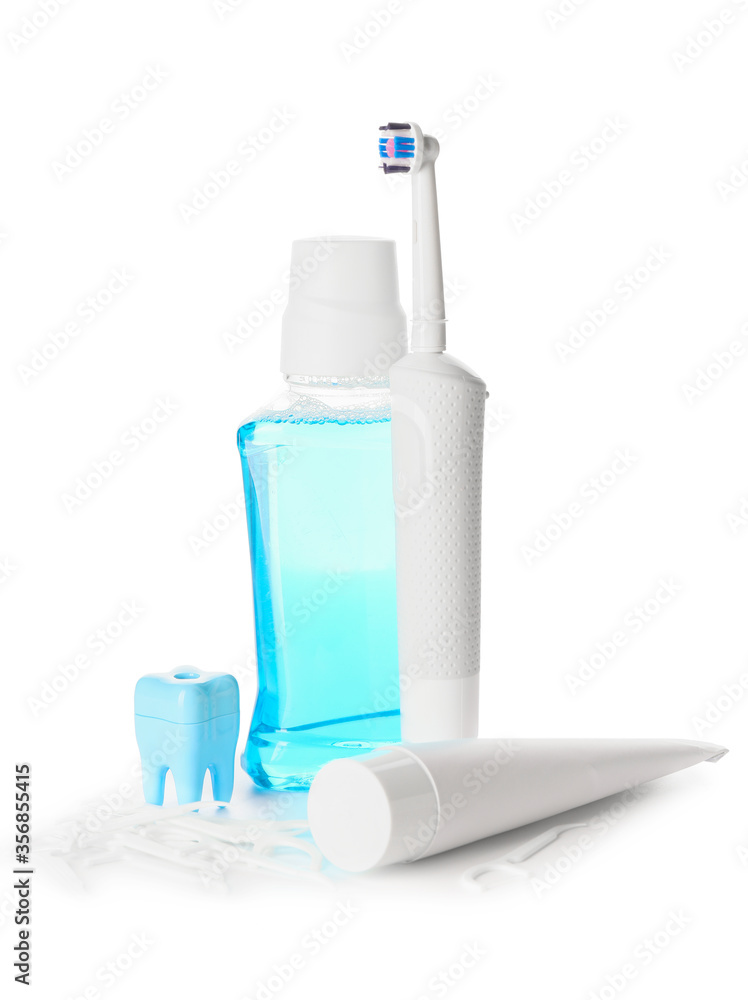 Set for oral hygiene on white background