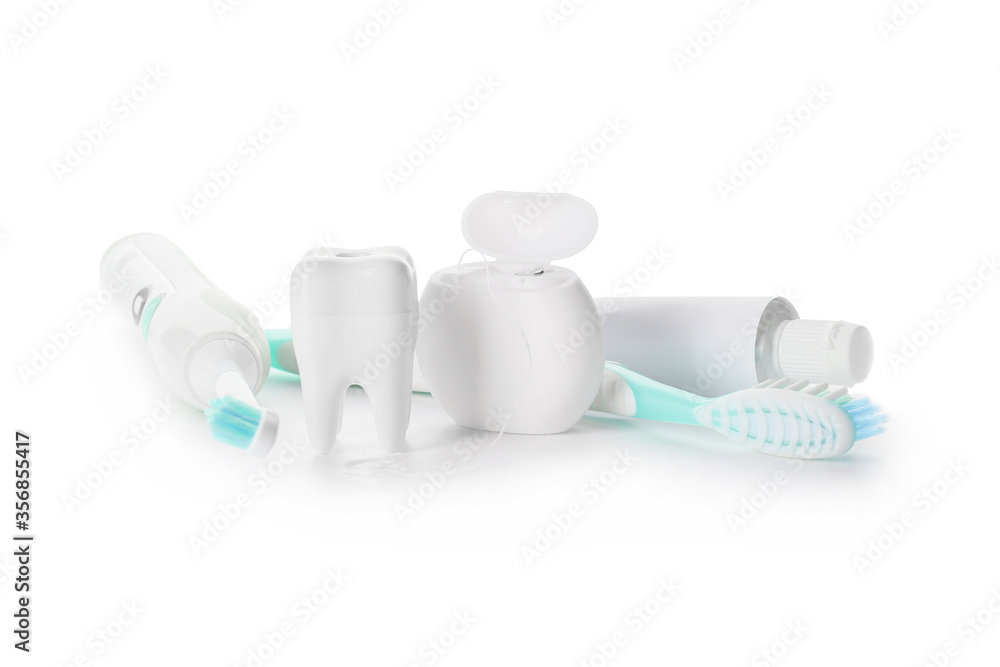 Set for oral hygiene on white background