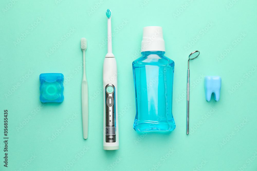 Set for oral hygiene on color background