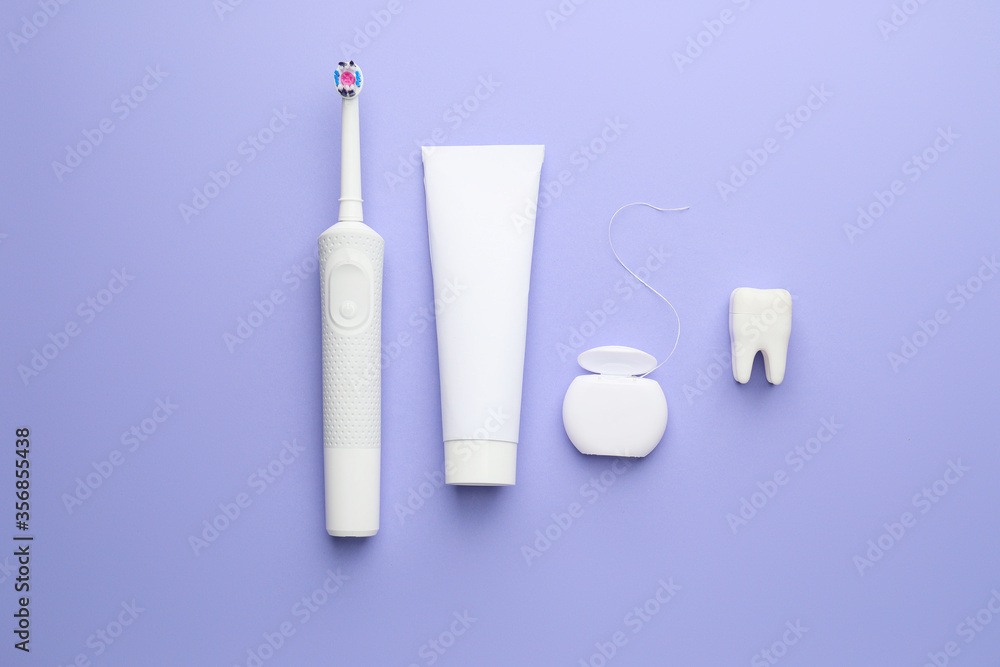 Set for oral hygiene on color background