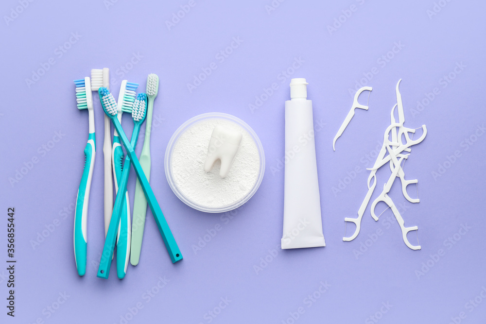 Set for oral hygiene on color background