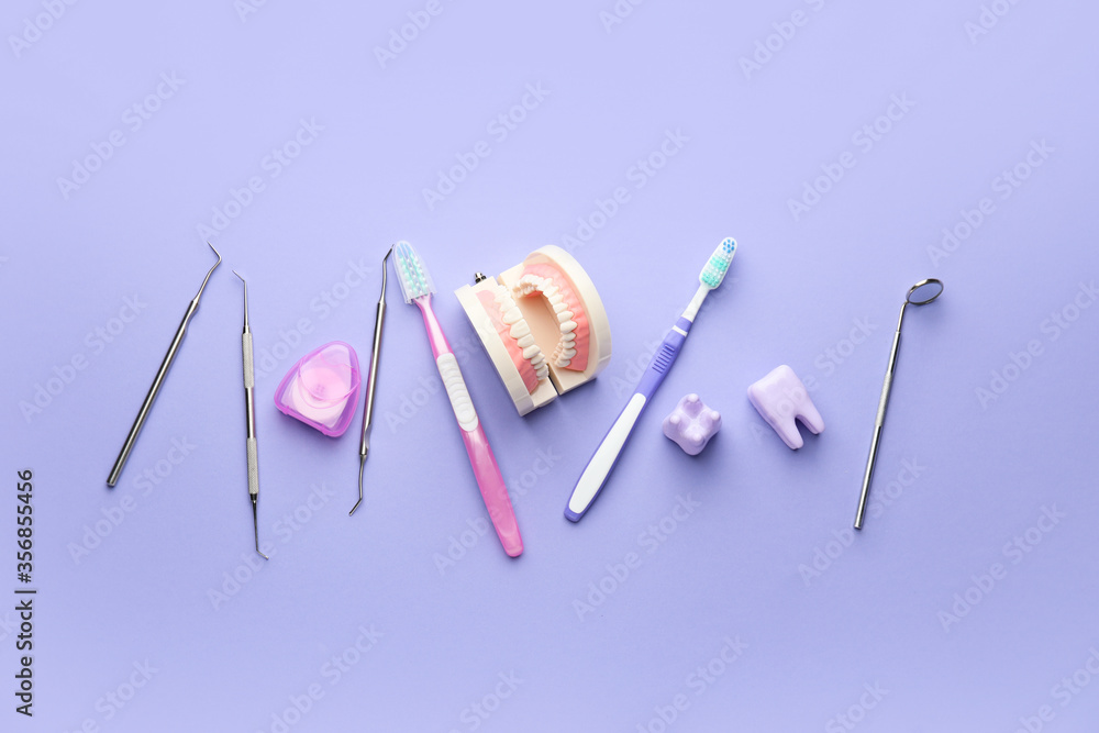 Set for oral hygiene on color background