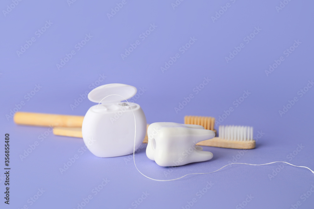 Set for oral hygiene on color background