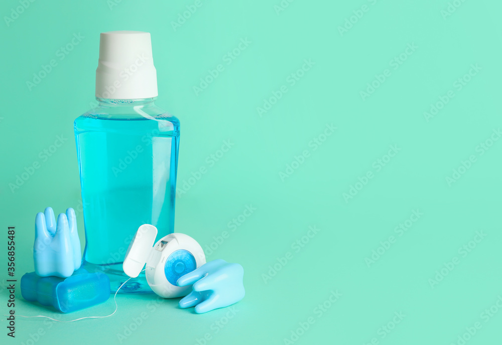 Set for oral hygiene on color background