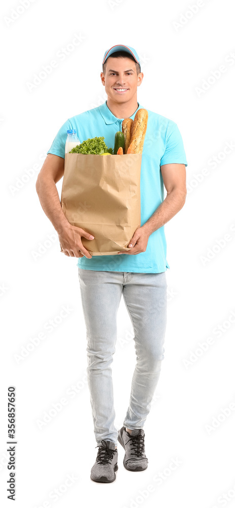 Delivery man with food in bag on white background