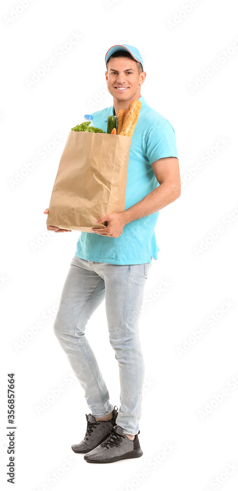 Delivery man with food in bag on white background