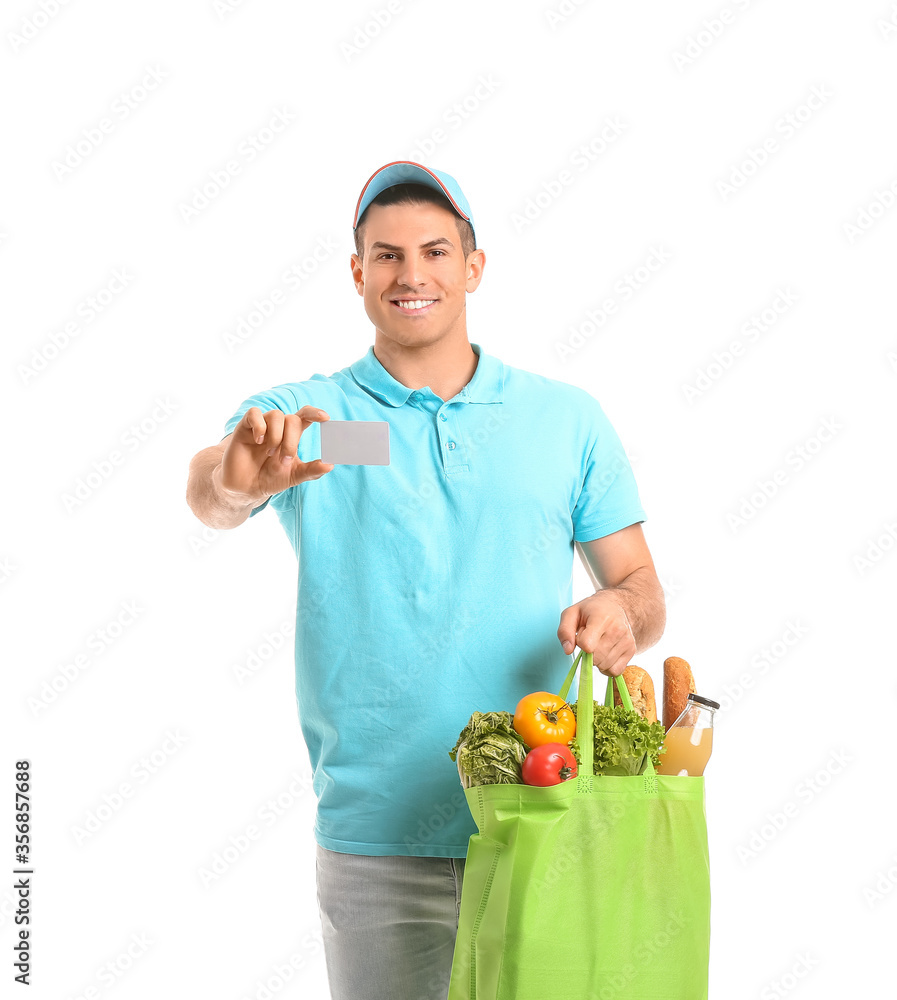 Delivery man with food in bag and business card on white background