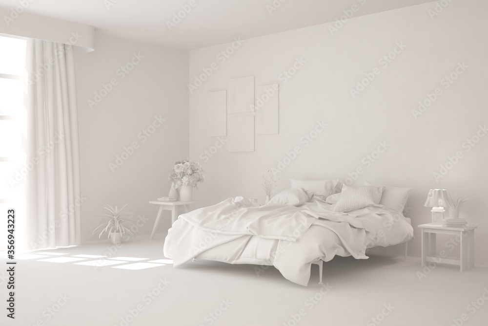 White bedroom interior. Scandinavian design. 3D illustration