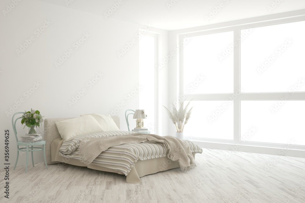 White bedroom interior. Scandinavian design. 3D illustration