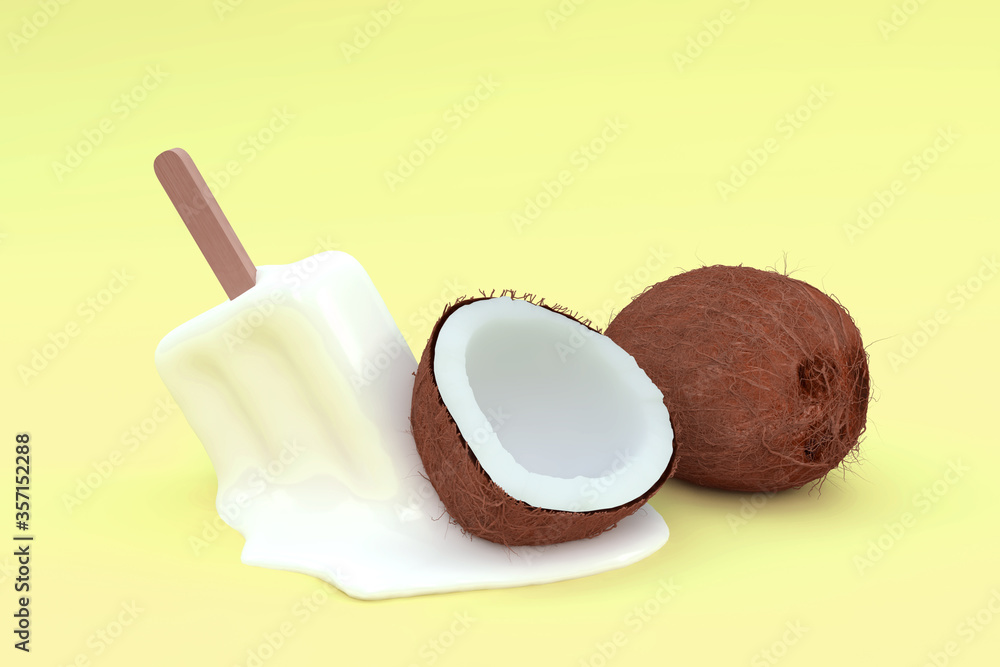 coconut and melted coconut milk popsicle isolated on background with copy space. Concept image for A