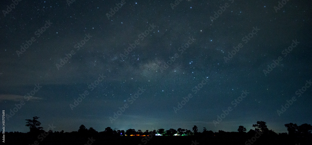 令人惊叹的全景蓝色夜空乳白色，黑暗背景下有恒星。宇宙充满恒星，neb