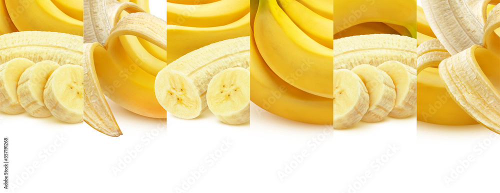 Banana isolated on white background, whole and sliced