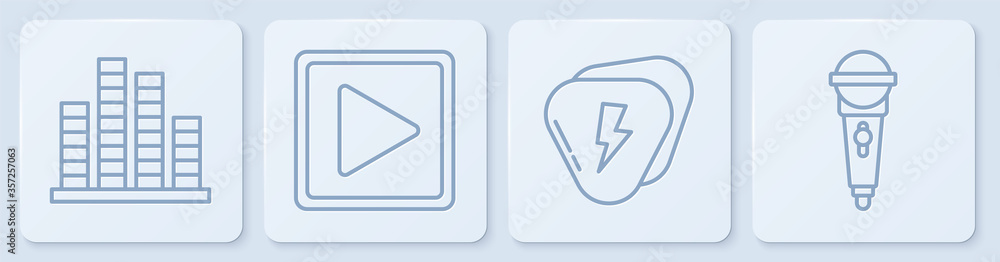 设置线路音乐均衡器、吉他拨片、方形播放和麦克风。白色方形按钮。矢量