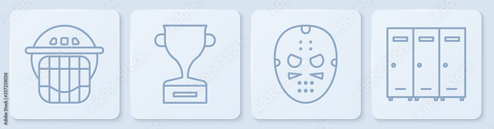 设置冰球头盔、冰球面罩、奖杯和储物柜或更衣室。白色方形按钮。面纱