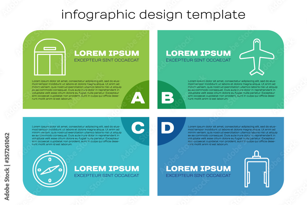 Set line Compass, Aircraft hangar, Metal detector in airport and Plane. Business infographic templat