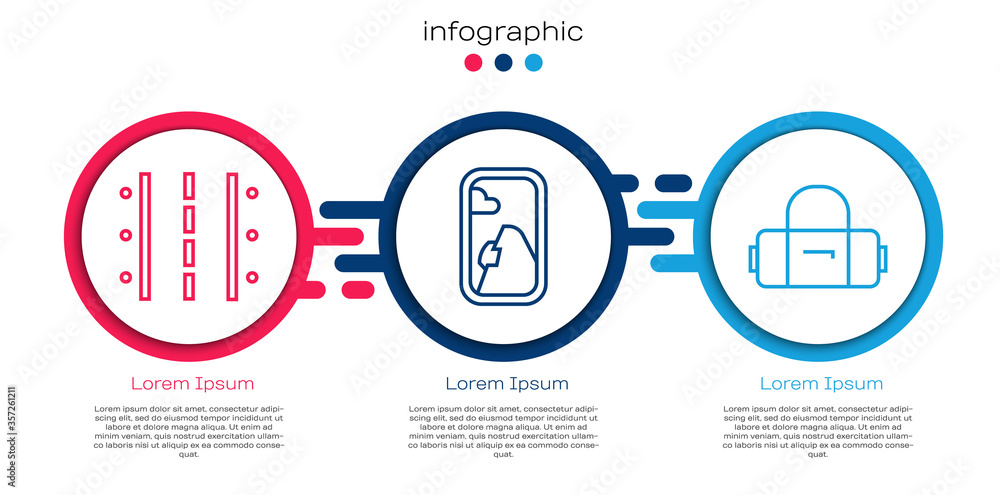 Set line Airport runway, Airplane window and Suitcase. Business infographic template. Vector.