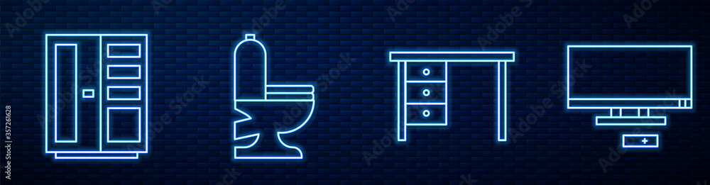 设置办公桌、衣柜、抽水马桶和智能电视。砖墙上闪闪发光的霓虹灯图标。矢量。