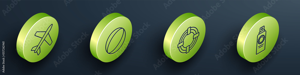 Set Isometric Plane, Beach ball, Lifebuoy and Sunscreen spray bottle icon. Vector.