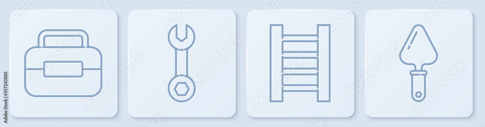 设置线工具箱，木制楼梯，扳手和镘刀。白色方形按钮。矢量。