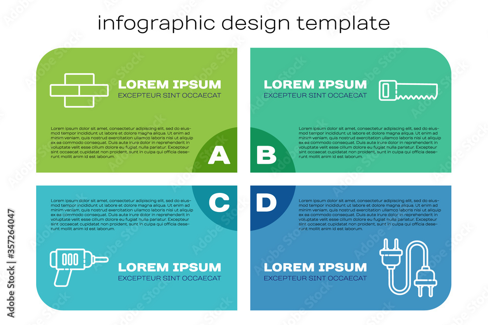 成套电动钻机、砖块、电动插头和手锯。商业信息图模板。