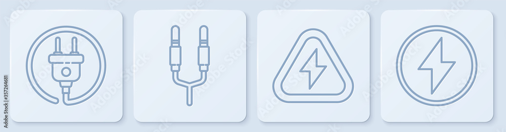 设置线路电气插头、高压、音频插孔和闪电。白色方形按钮。矢量。