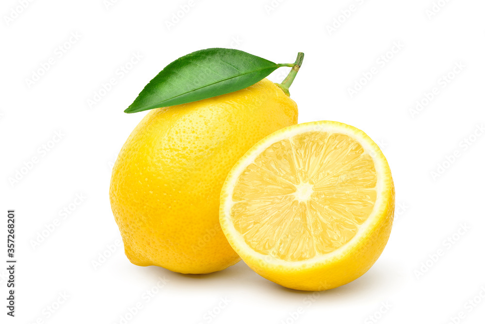 Natural Lemon fruit with cut in half and green leaf isolated on white background. Clipping path.