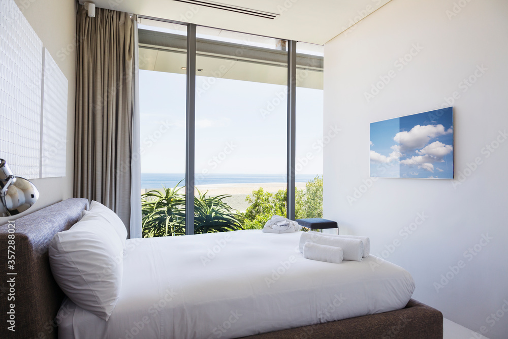 Modern bedroom with ocean view