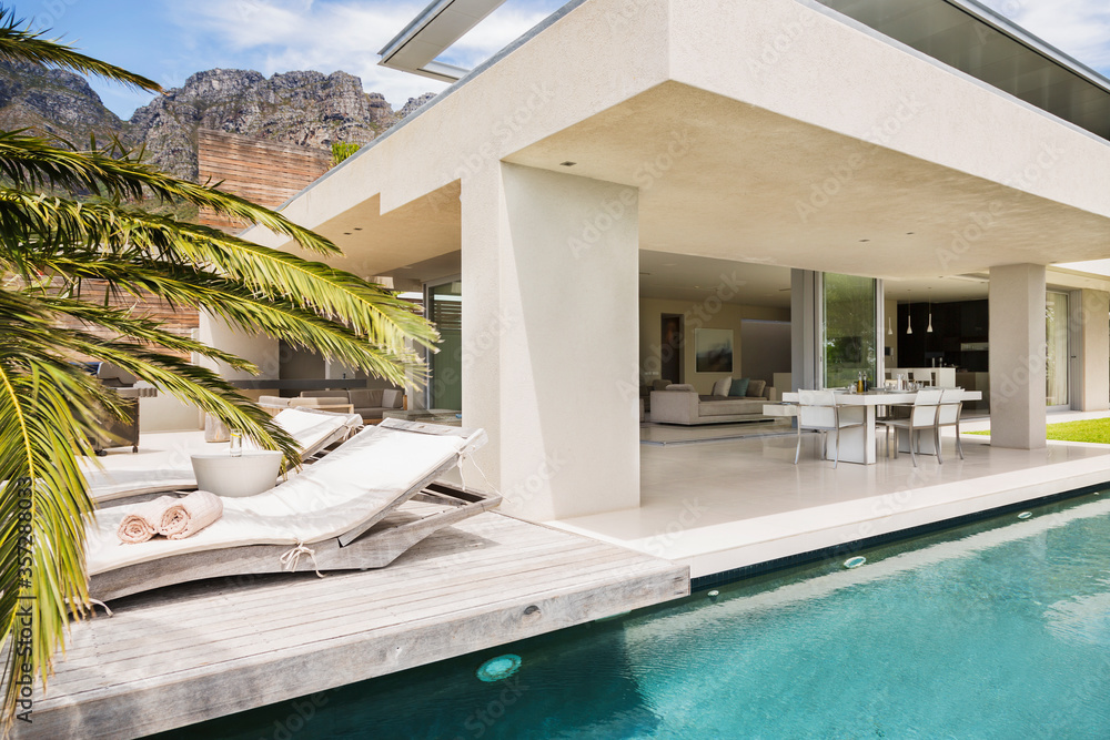 Swimming pool and patio of modern house