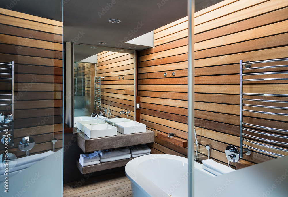 Sinks and bathtub in modern bathroom