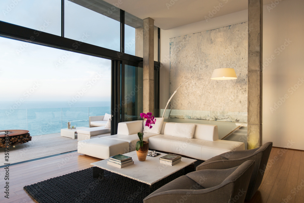 Modern living room overlooking ocean