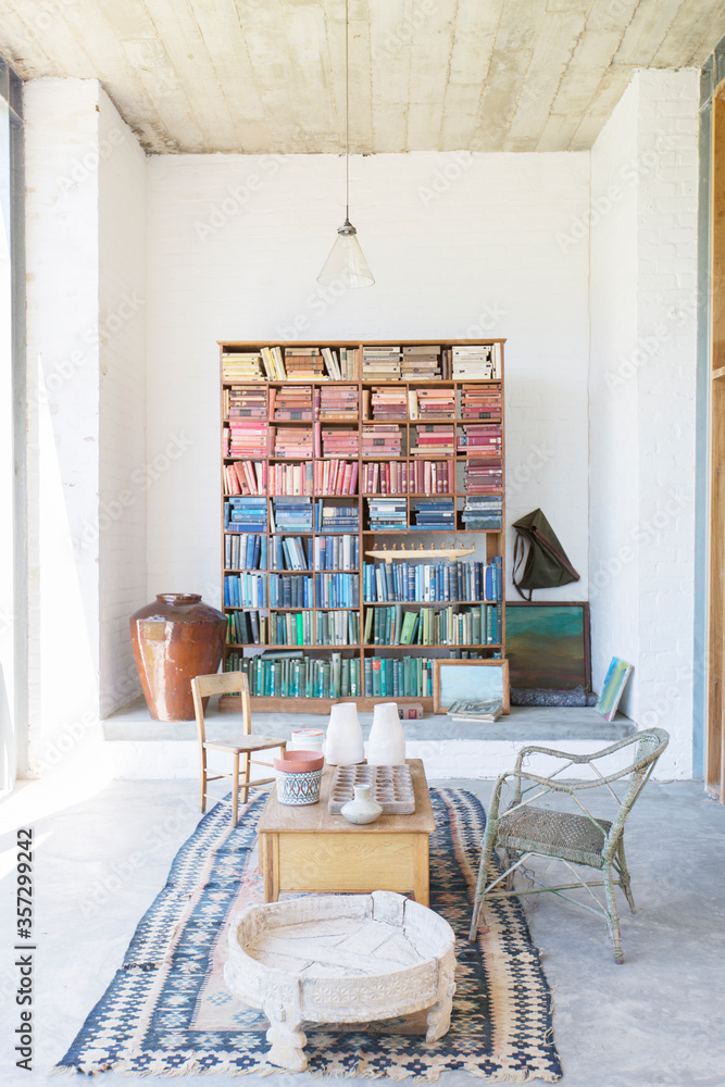 Bookshelves and coffee table in rustic house