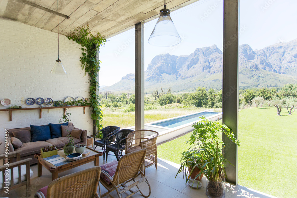 Living room overlooking backyard and landscape