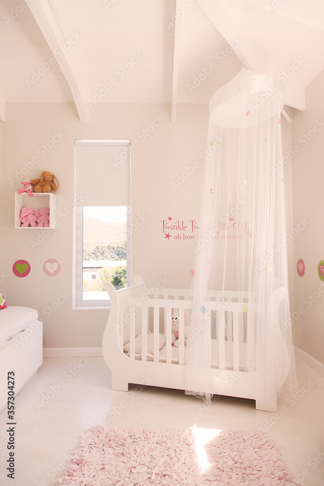 White crib with tulle canopy in pastel colored baby room