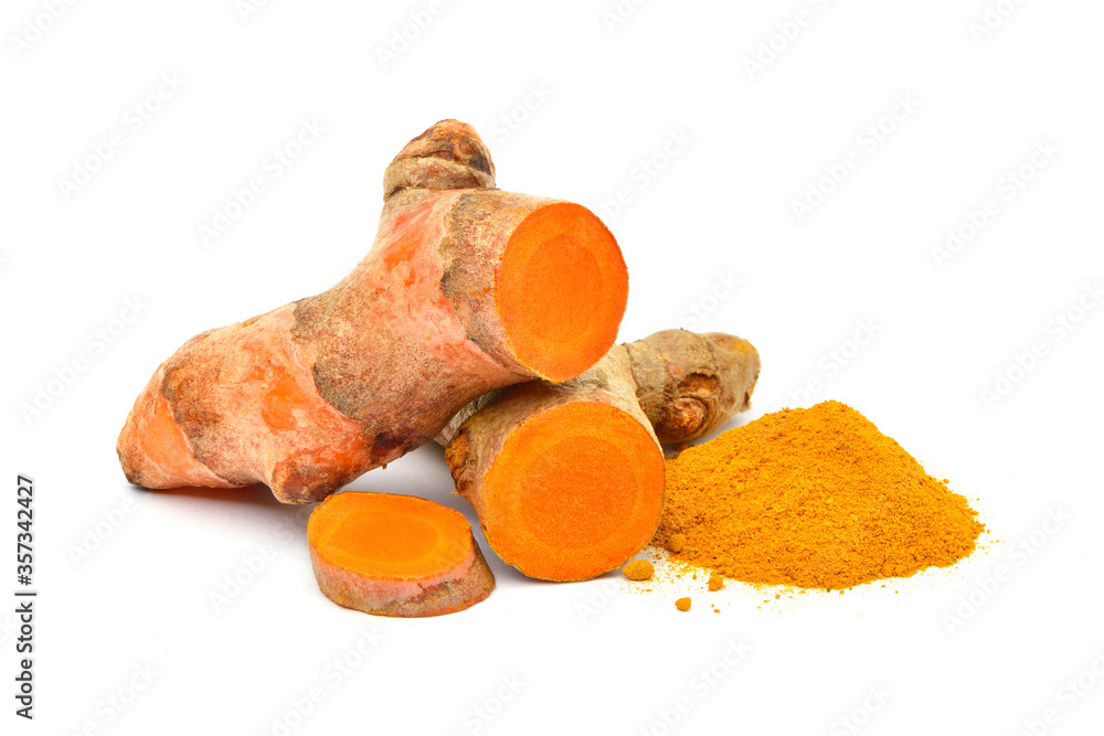 Turmeric (Curcuma longa Linn)  rhizome (root) sliced with Finely dry powder isolated on white backgr