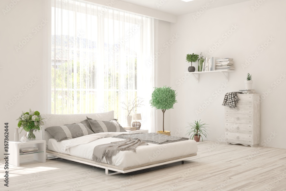 White bedroom interior. Scandinavian design. 3D illustration