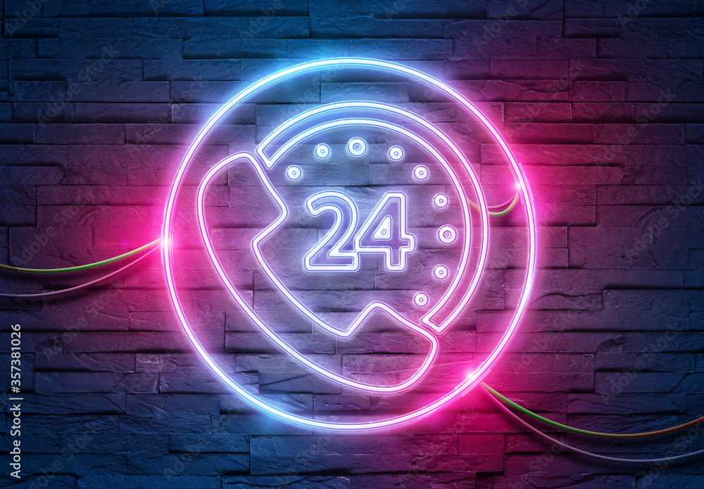 Hotline neon icon illuminating a brick wall with blue and pink glowing light 3D rendering