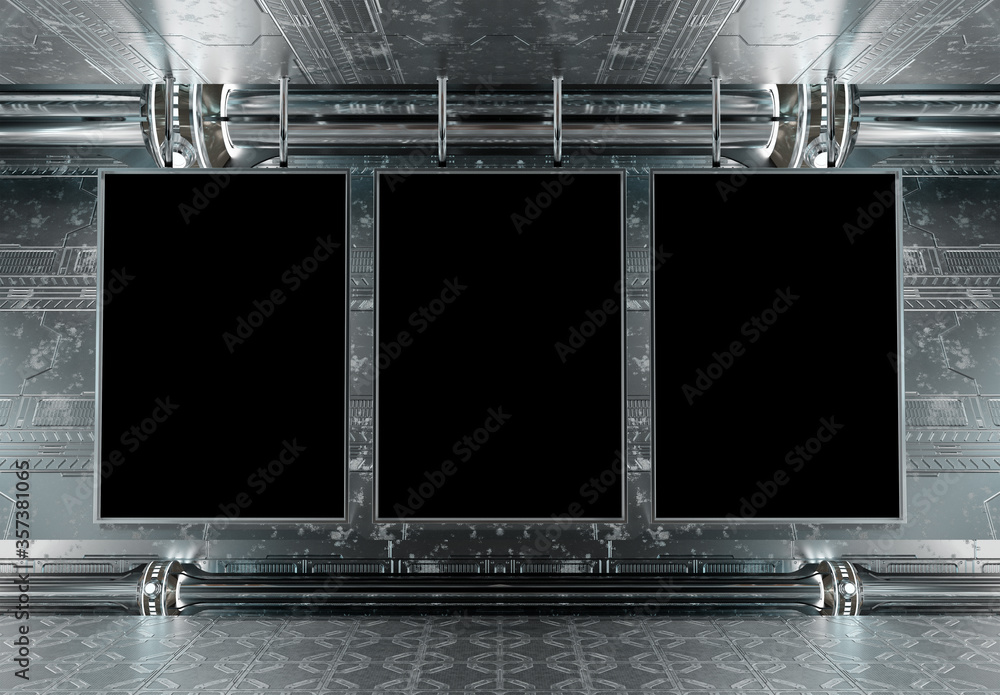 未来派地下模型中的三块垂直广告牌。飞船内部的围板与met